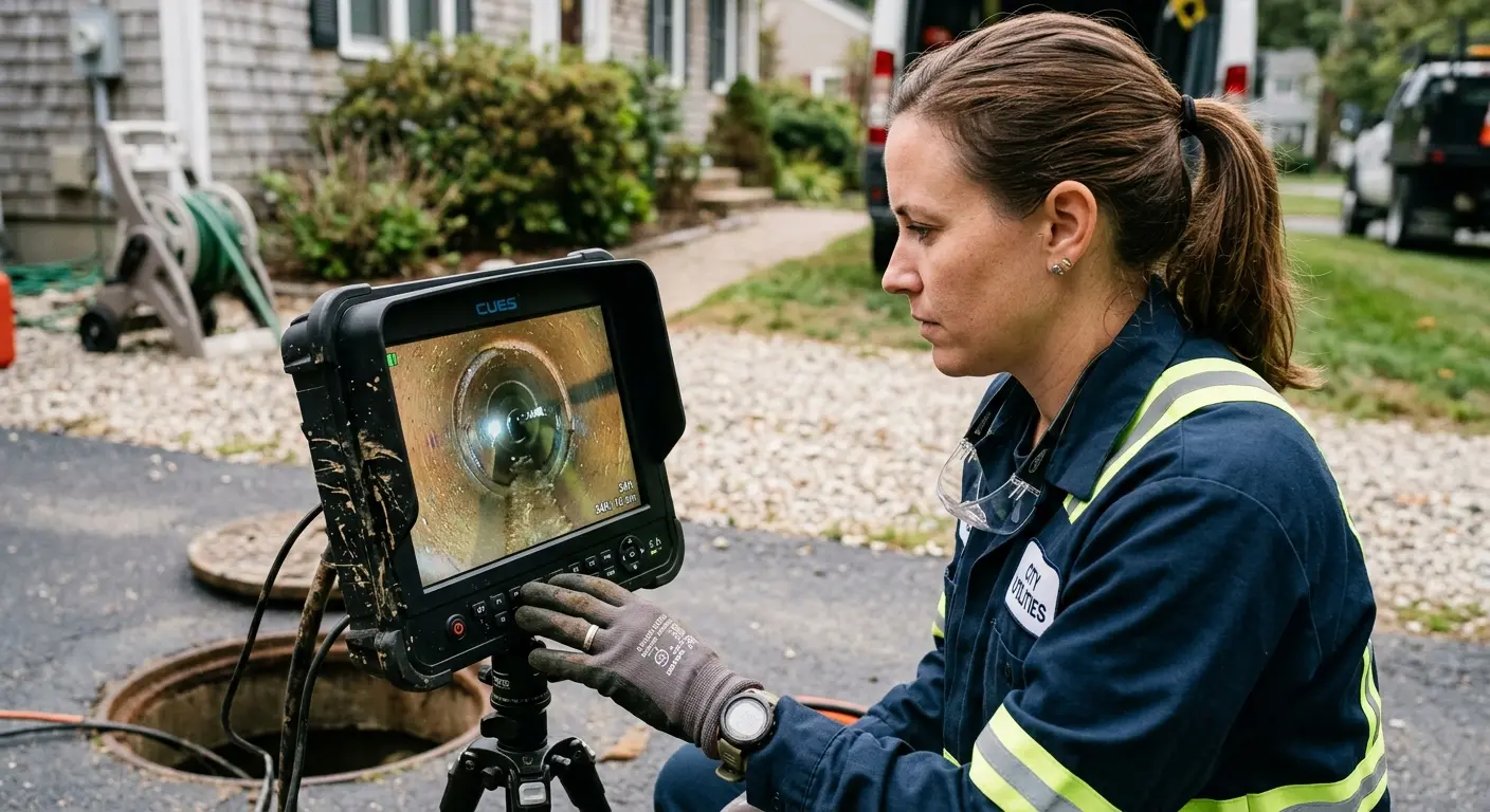 Technician reviewing sewer camera inspection footage in Rockwood