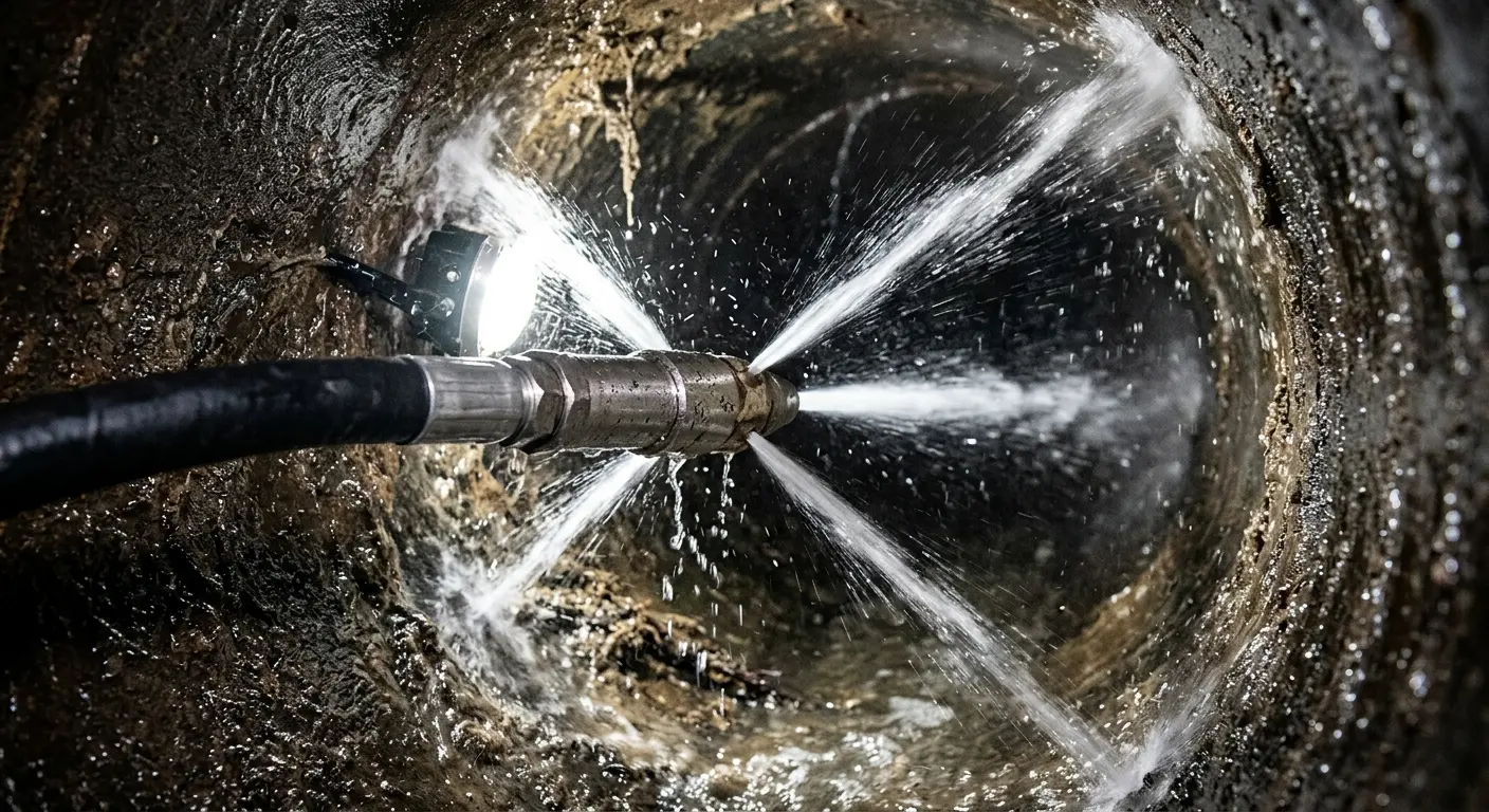 High-pressure hydro jetting nozzle cleaning sewer pipe for Emergency Drain Service in Rockwood