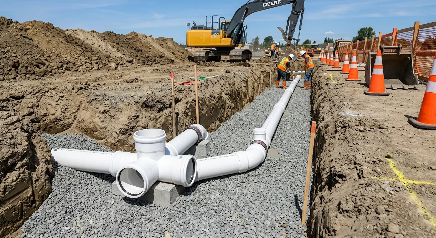 New PVC sewer pipe installation in open trench for Commercial Drain Cleaning in Rockwood